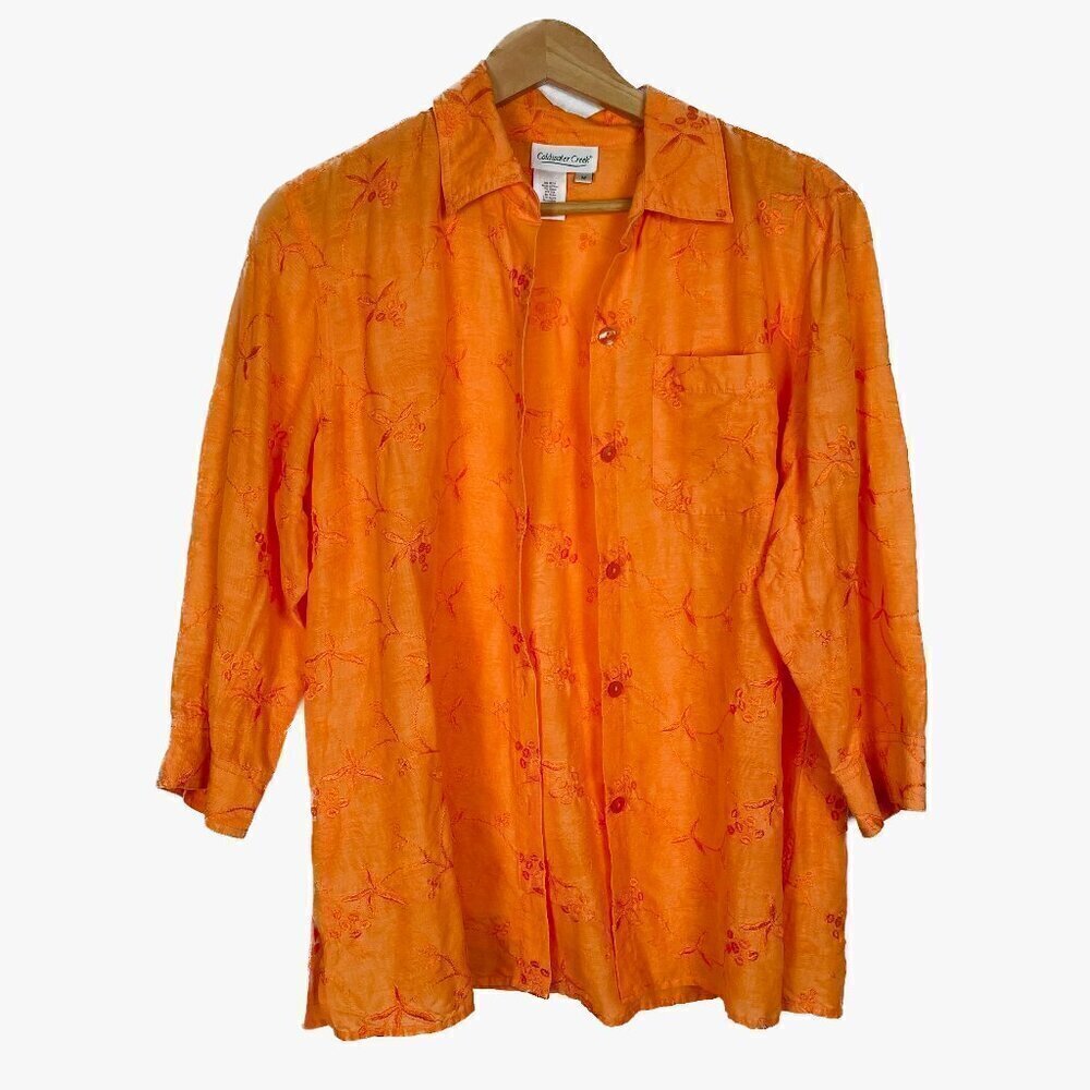 Coldwater Creek Orange Silk Blend Button Down Floral Embroidered Blouse Size: M